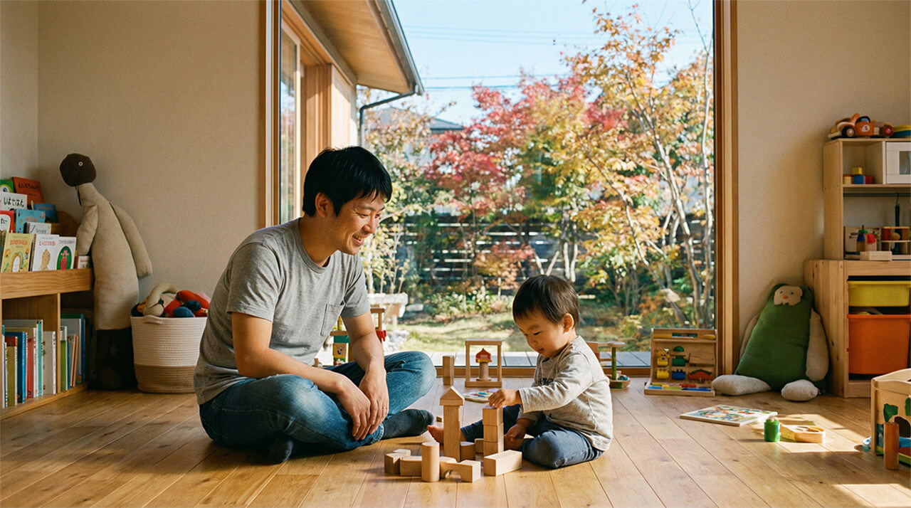 庭が見える子ども部屋で、父親と幼児が積み木で遊ぶ様子