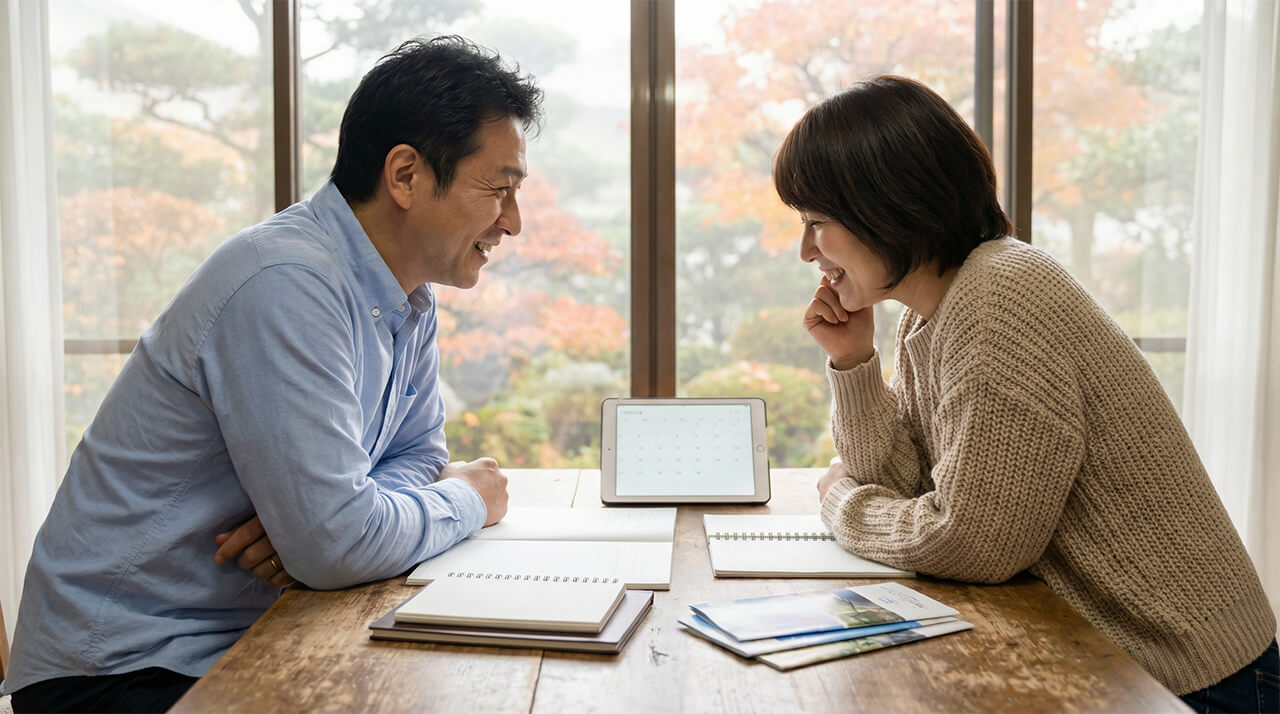 夫婦が自宅のテーブルで資金計画について話し合う様子