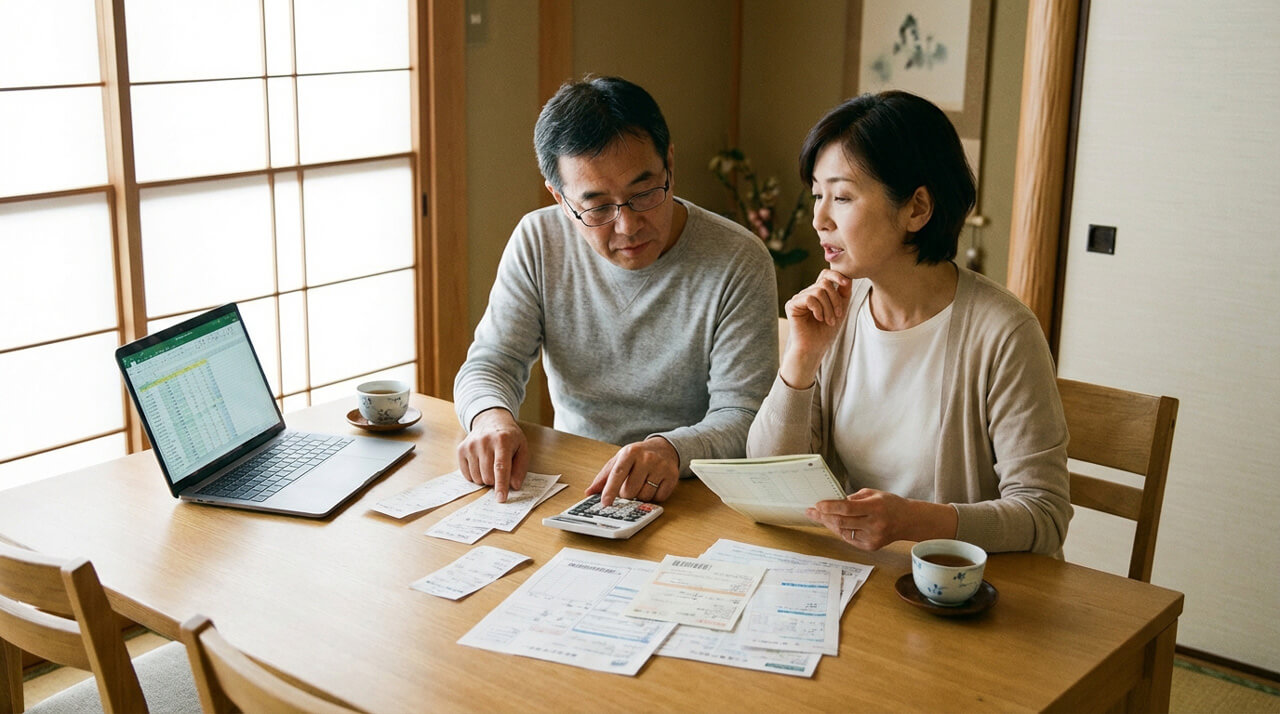 夫婦が自宅の食卓で家計簿や領収書を確認している様子