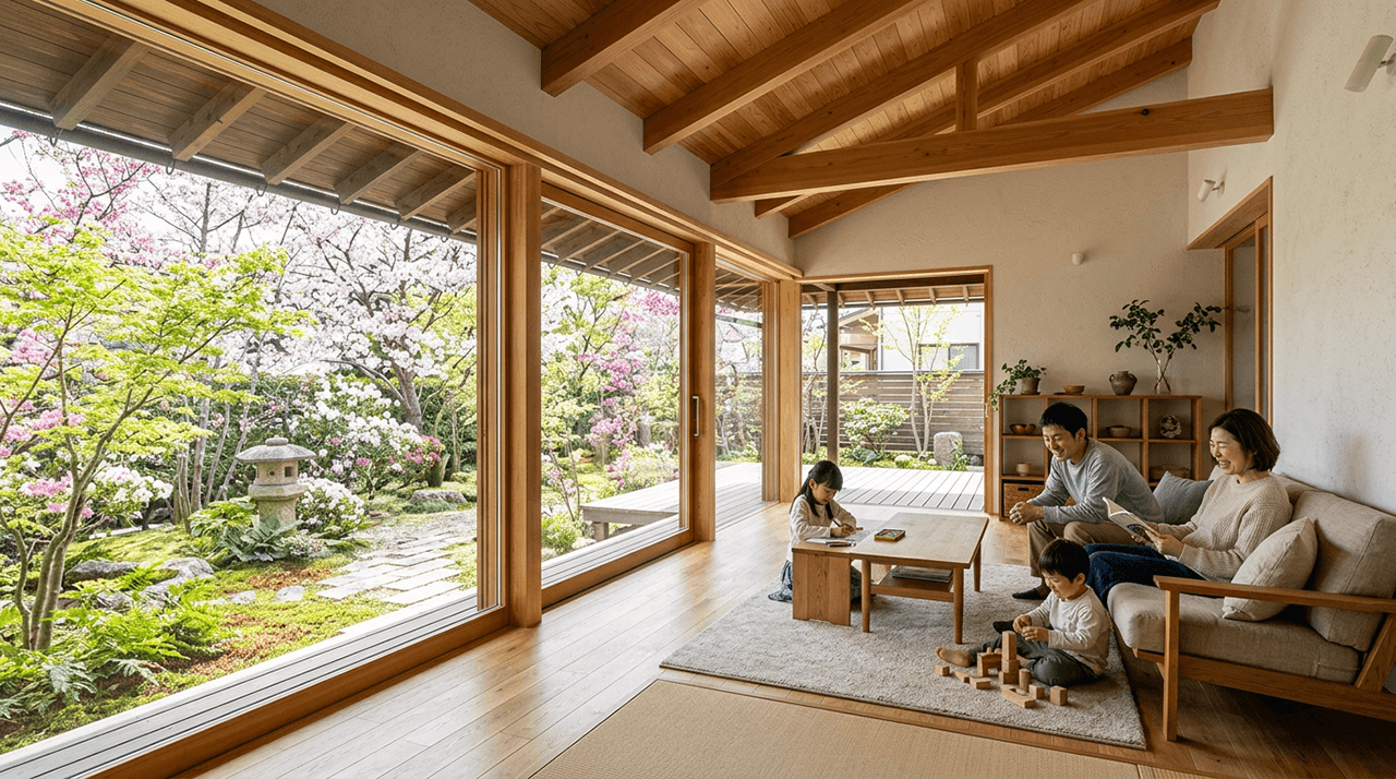 庭に面した大きな窓のある木造平屋のリビングで、家族がくつろぐ様子