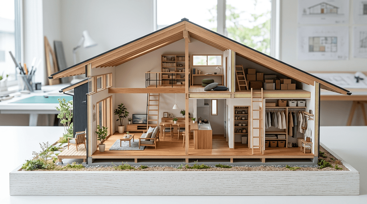 ロフトや小屋裏収納を設けた平屋住宅の断面模型