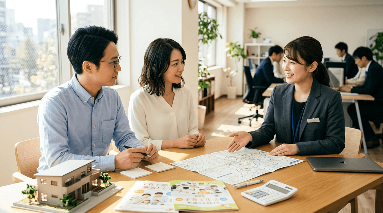 夫婦が住宅会社の担当者と地図を見ながら子育てしやすいエリアを相談する様子