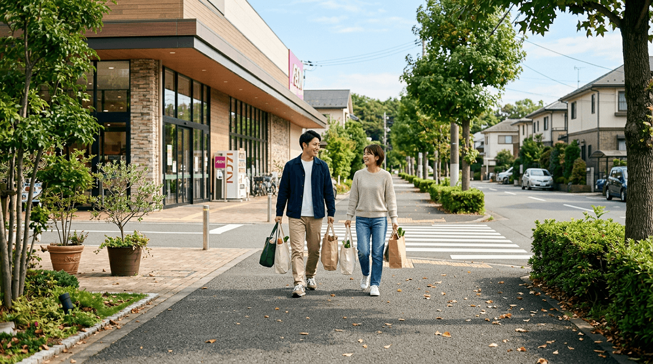 スーパー近くの住宅街で、買い物袋を持った夫婦が歩く様子