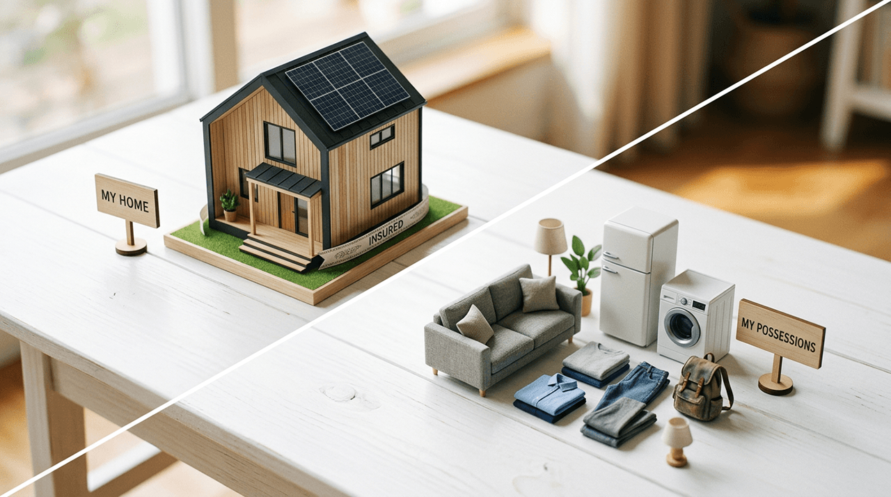 住宅と家財を分けて示した、火災保険の補償対象イメージ