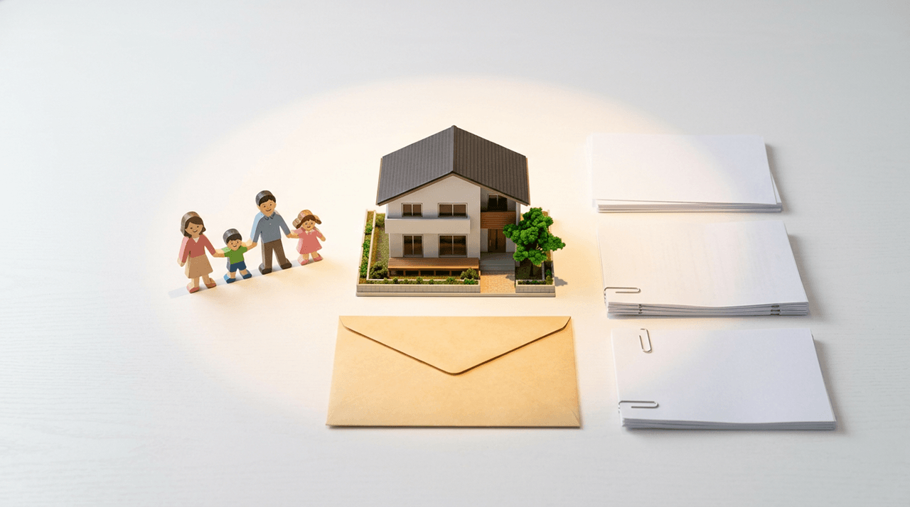 家族・住宅模型・封筒・書類で、親からの住宅購入資金援助を表したイメージ