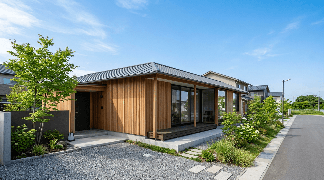 青空の下に建つ、木目外壁のモダンな平屋住宅