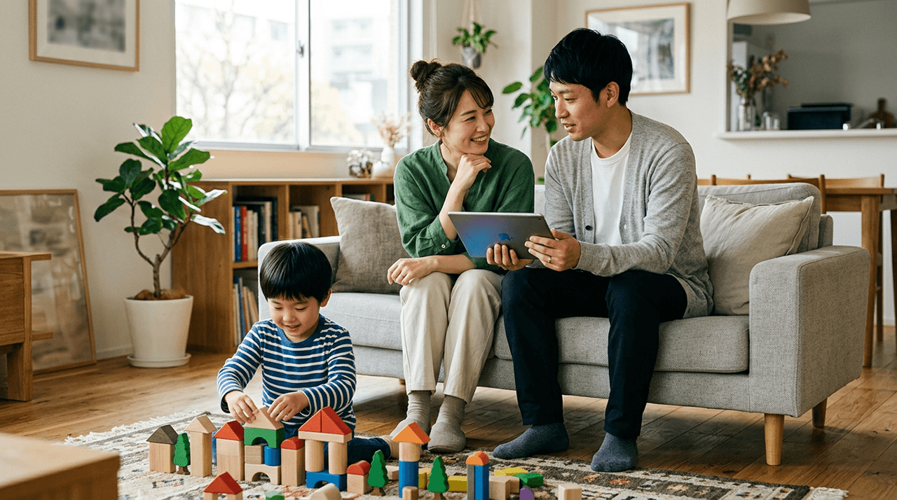 リビングで子どもが積み木で遊ぶそば、夫婦がタブレットを見ながら住宅購入について話し合う様子