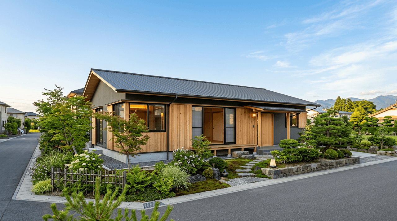 和風庭園に囲まれた、木目外壁のモダンな平屋住宅