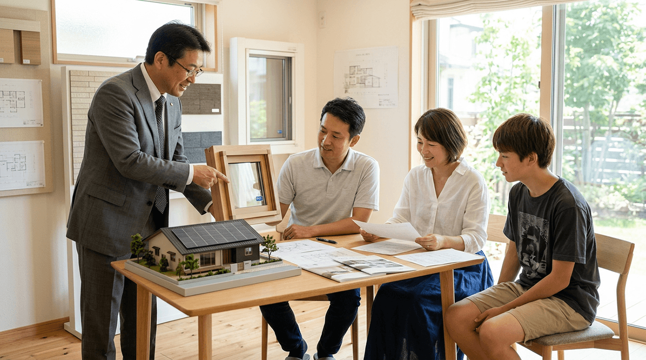 家族が住宅会社の担当者から窓の断熱性能や省エネ住宅について説明を受ける様子
