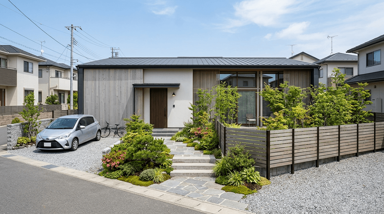 目隠しフェンスと植栽で外からの視線に配慮した平屋住宅