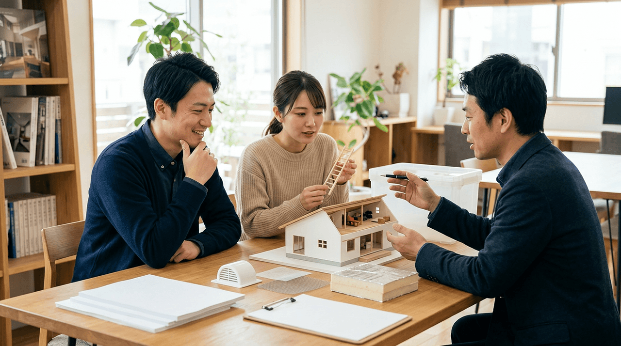 夫婦が住宅会社の担当者と、平屋のロフトや収納計画について相談する様子