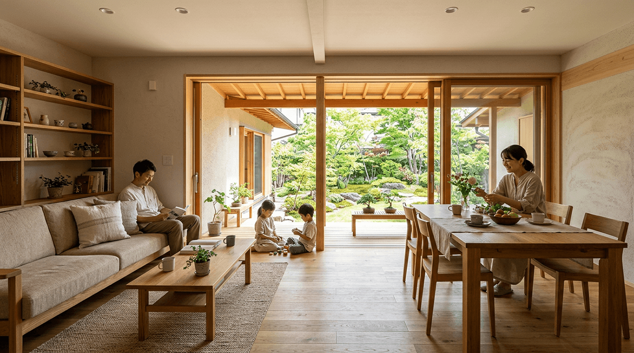 庭に面した明るい平屋のリビングで、家族がくつろぐ様子