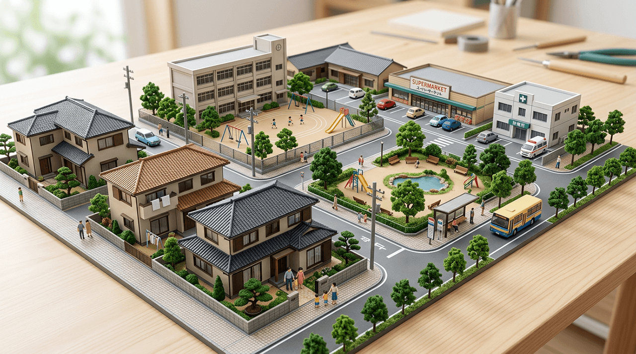 学校・公園・スーパー・病院がそろう、子育てしやすい住宅街の模型
