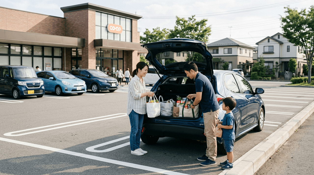 スーパーの駐車場で、家族が買い物袋を車に積み込む様子