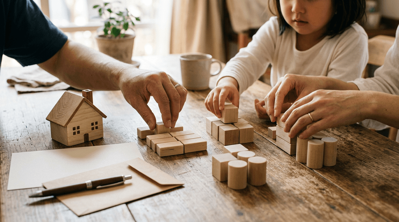 家族が住宅模型のそばで積み木を使い、住宅購入や資金計画について考える様子