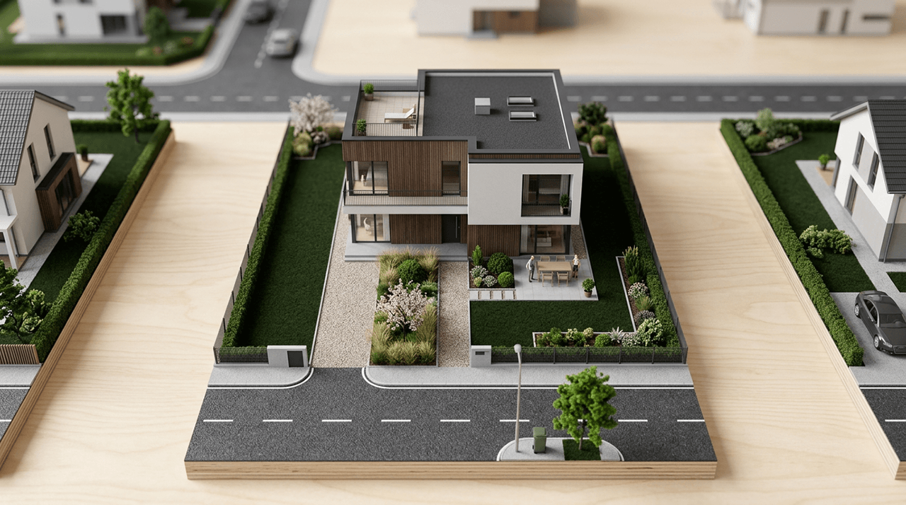道路に接した敷地に建つ戸建て住宅と周辺区画を示した住宅模型